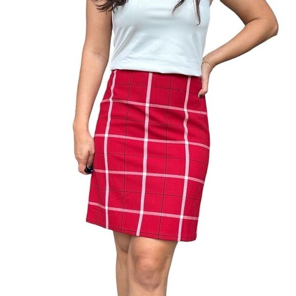 New Ann Taylor Red Window Panel Plaid Pencil Skirt Size Petite 6P Fall Winter - Picture 4 of 6